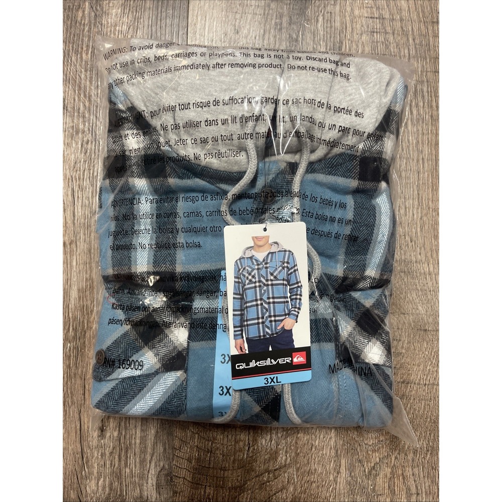 Quiksilver Hooded Flannel Shirt Mens 3X Blue Plaid Cotton Button Up New